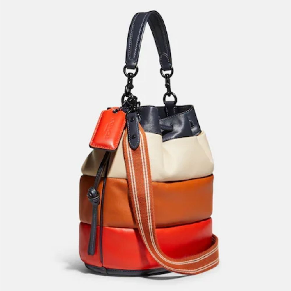 Coach RETAIL Colorblock Pillow Quilted Field Bucket Bag - Orange Cream Tan Navy - Picture 4 of 17